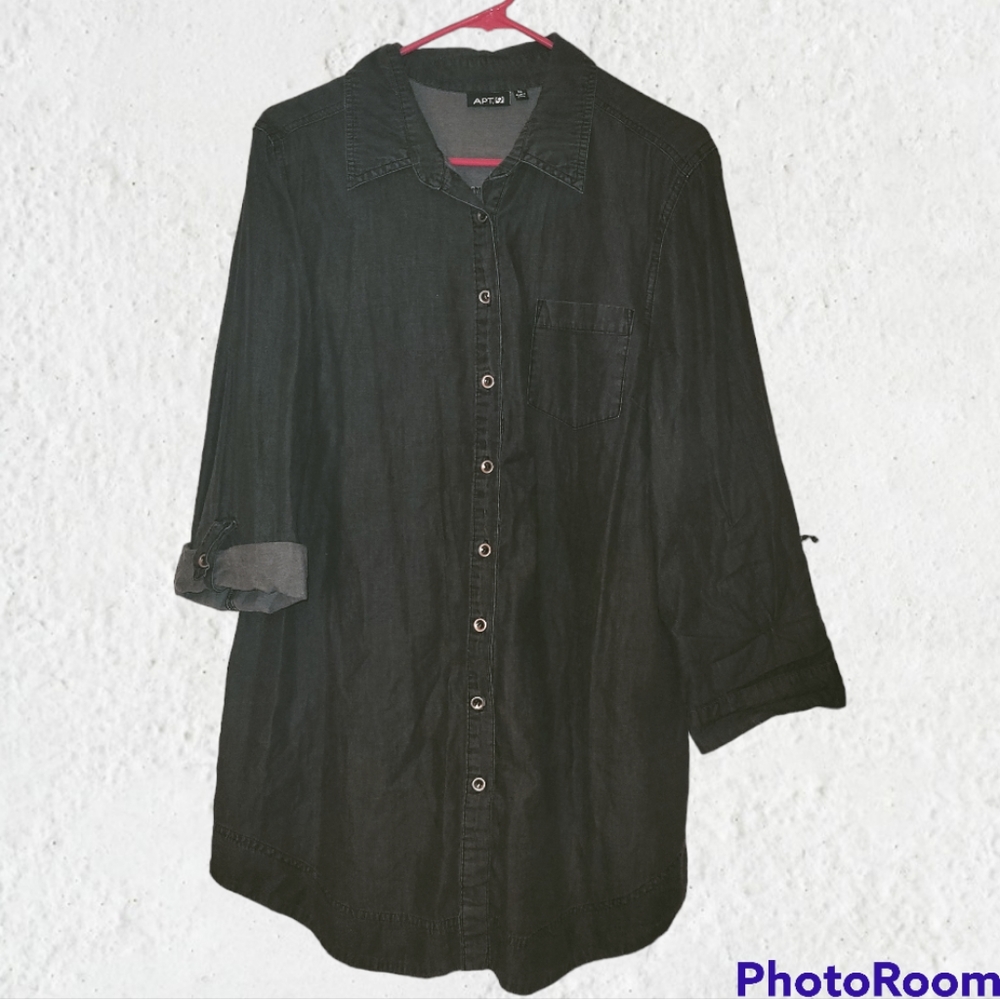 APT 9 3/4 Sleeve Gray Button Down